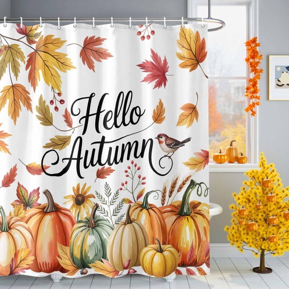 Fall Thanksgiving Shower Curtains for Bathroom, Hello Autumn Yellow Pumpkin Leaf Waterproof Fabric Shower Curtain for Bathroom Bathtub Decoration, Machine Washable, 36"x72"