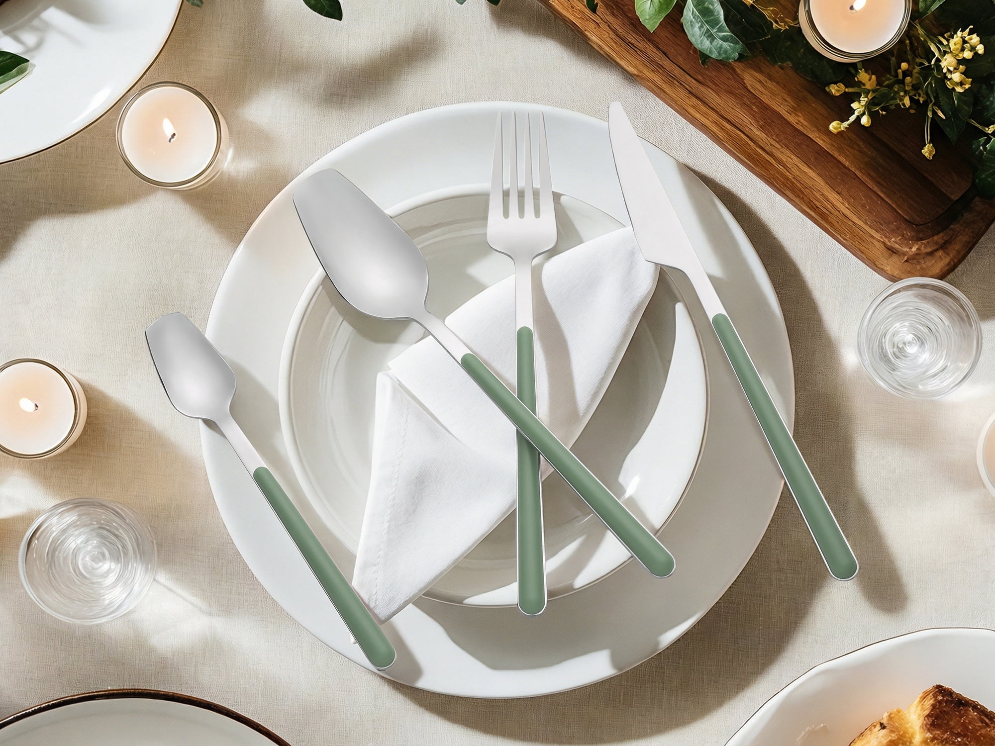 Unique Bargains 4 Piece Stainless Steel Flatware Set with Knife Spoon Fork Green 4