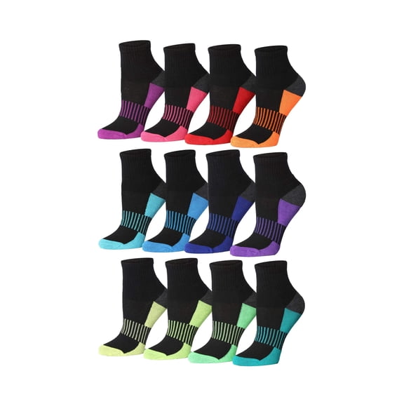 Tipi Toe Women's Quarter Length Ankle High Fitness and Exercise Socks, 12 Pack