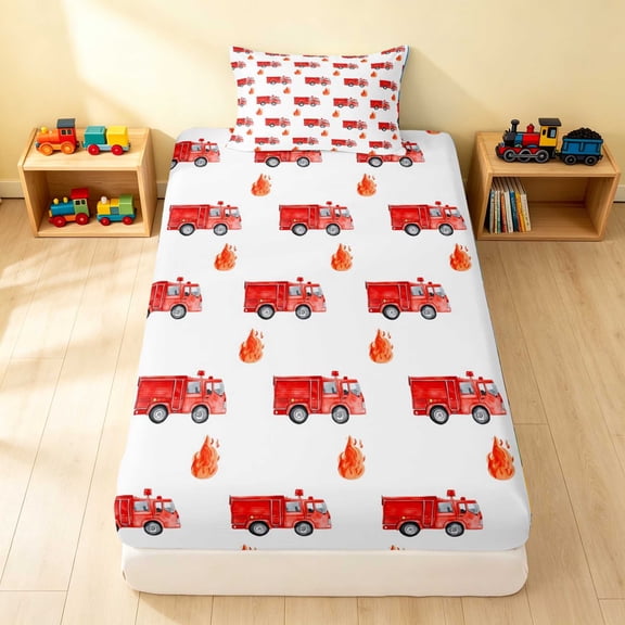Erosebridal Fire Truck Twin Fitted Sheet, Firefighter Bedding 2pcs 1 Fitted Sheet and 1 Pillowcase