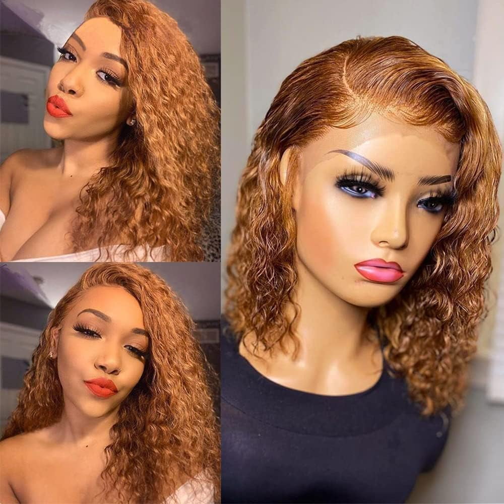 SUCS Short Curly Honey Blonde Bob Wig Lace Front Human Hair Wigs For Women Light Brown