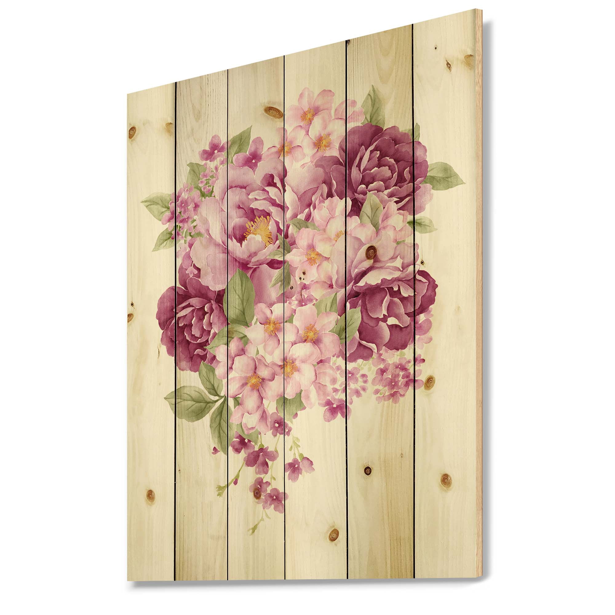 Designart 'Bouquet Of Pink Retro Flowers' Traditional Print on Natural Pine Wood