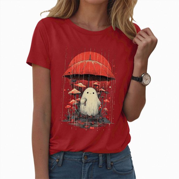 TOWED22 Women Funny Halloween Funny Ghost Graphic Tee Casual Spooky Print Fall Pumpkin Tops(Red,M)