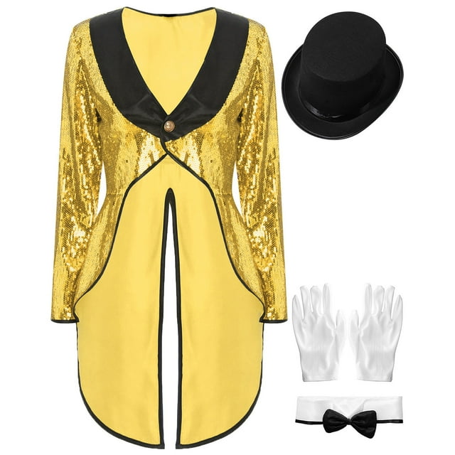 iiniim Costumes de Maître de Cirque pour Femmes Robe de Magicienne à Paillettes à un Bouton Queue-de-Pie Veste Or m