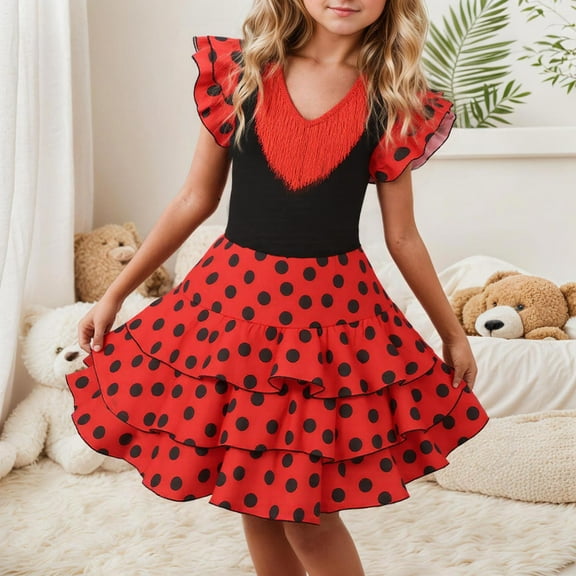 Tfken Dress For Girls Cute A-Line Fashion Polka Dot Print V Neck Black Teen Dresses Size 10 Years-11 Years