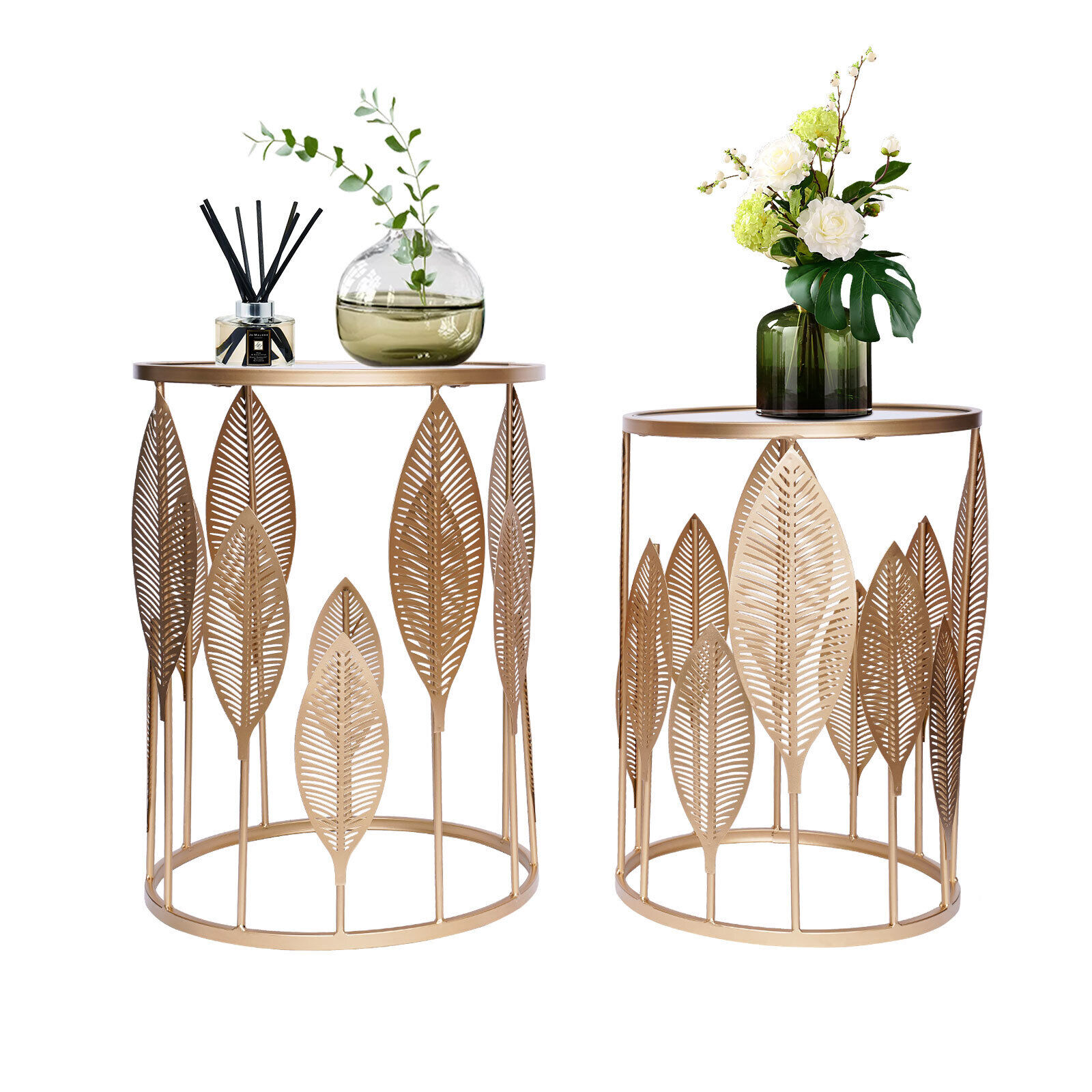 Round Golden Nesting Mirrored End Table Set Plant Stands Gold Leaf Design Metal End Tables Set