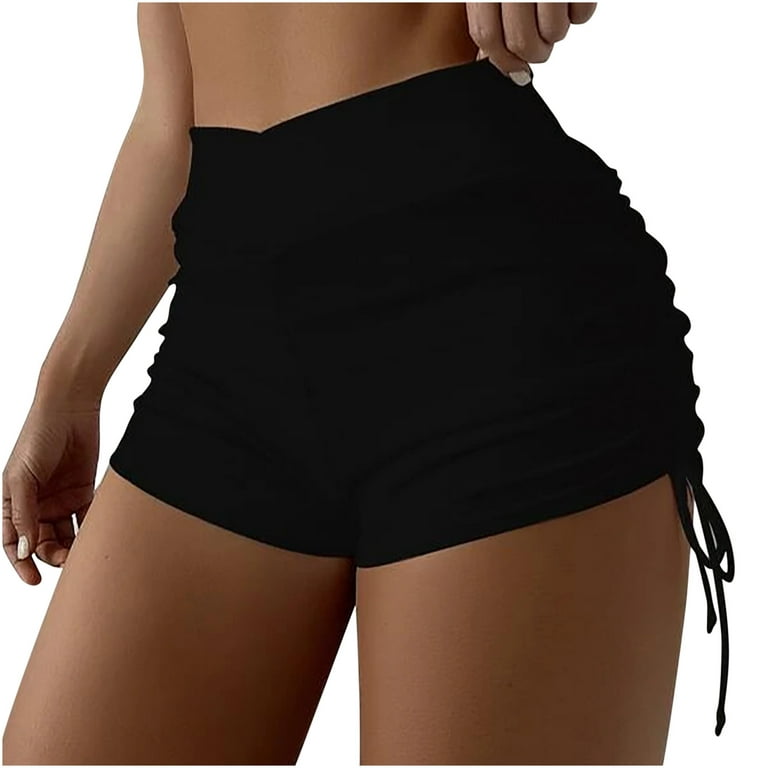 JWZUY Women's Ruched Shorts Drawstring Side Crisscross High Waist Workout  Yoga Skinny Shorts Black XXL 