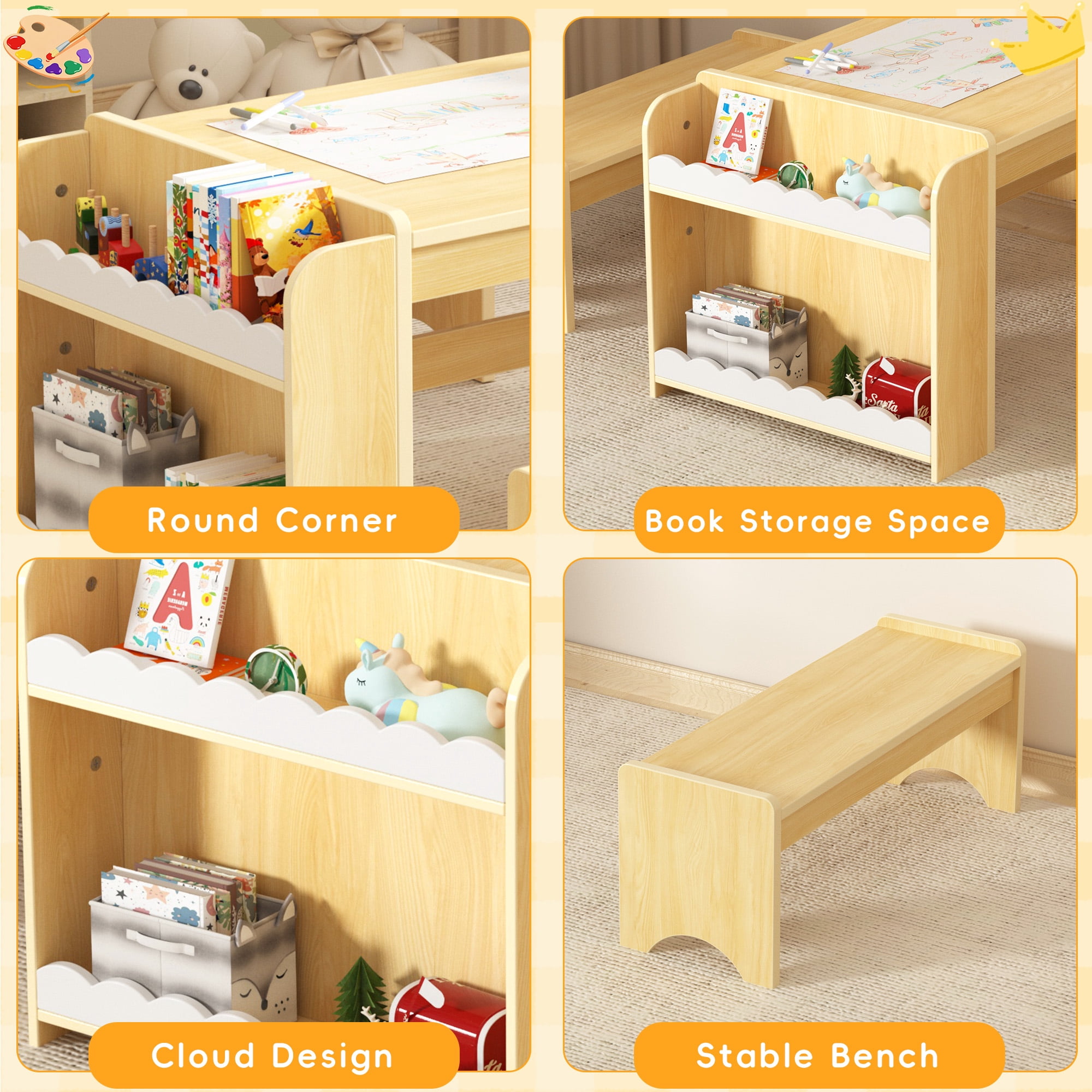 Reasea Wooden Kids Table and Chair Set, Activity Table with Storage, Kids Craft Desk