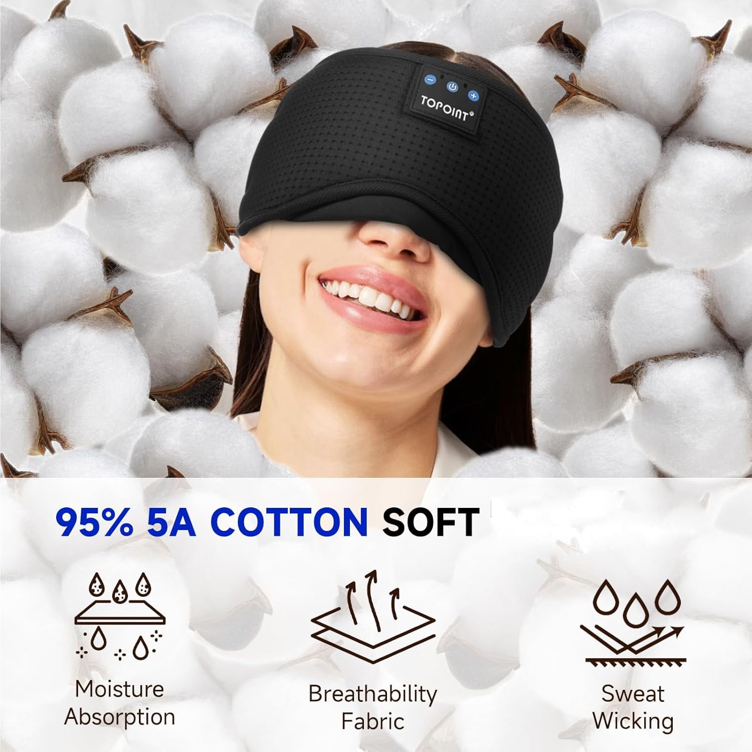 Sleep Mask, Bluetooth Eye Mask Bluetooth, TOPOINT Breathable Cotton Sleep Headphones for Sleeping Side Sleepers Travel Meditation Music Headsets with Microphone Handsfree Men Women, Black