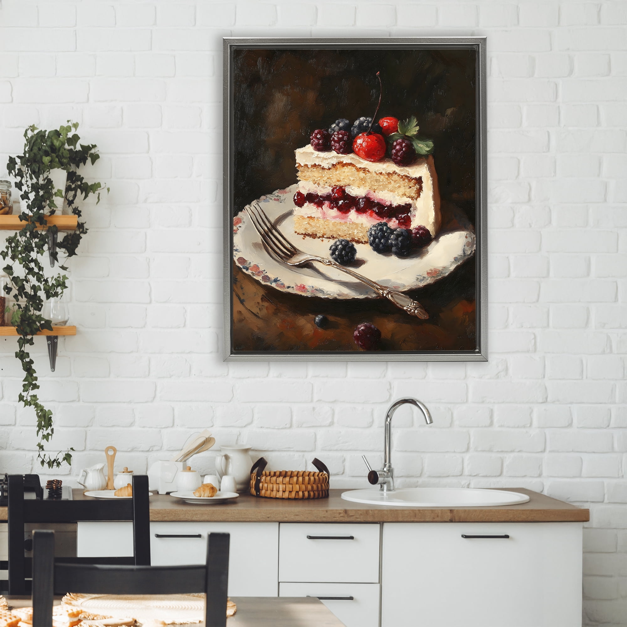 Stupell Industries Berry Topped Cake Slice Gray Framed Floater Canvas Wall Art, design by Franklyn Gregory