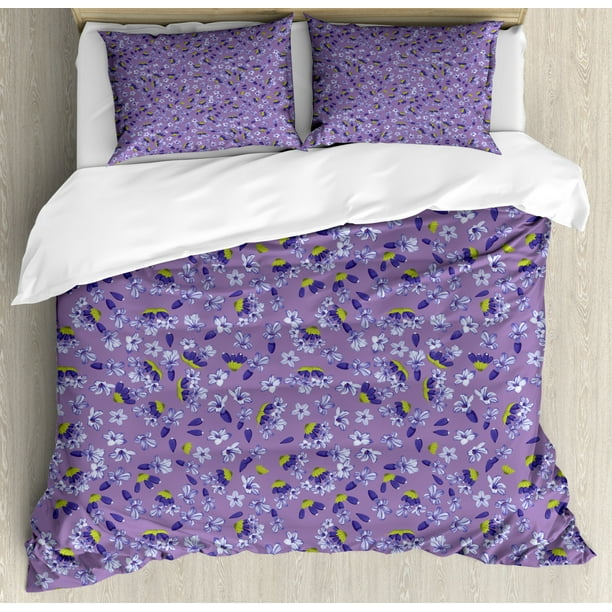 Botany Duvet Cover Set, Lavender Flower Petals and Leaves Beauty of