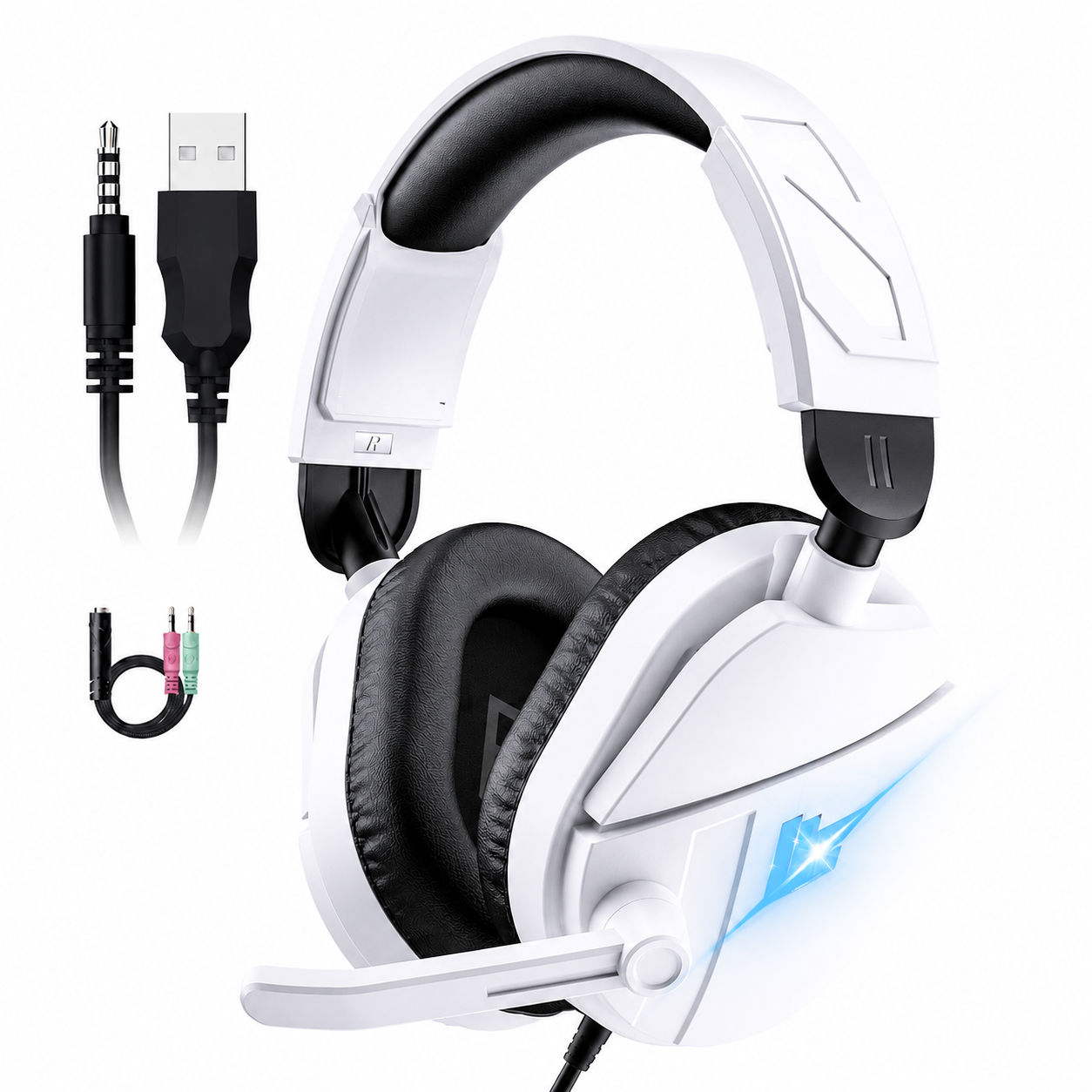 Gaming Headsets with Noise Cancelling Microphone, Xbox One & PS5 PS4 Headphones, High-Quality Stereo Sound, LED Light, Soft Memory Earmuffs for Ultimate Comfort, Wired Over-Ear Headset for PC, Laptop