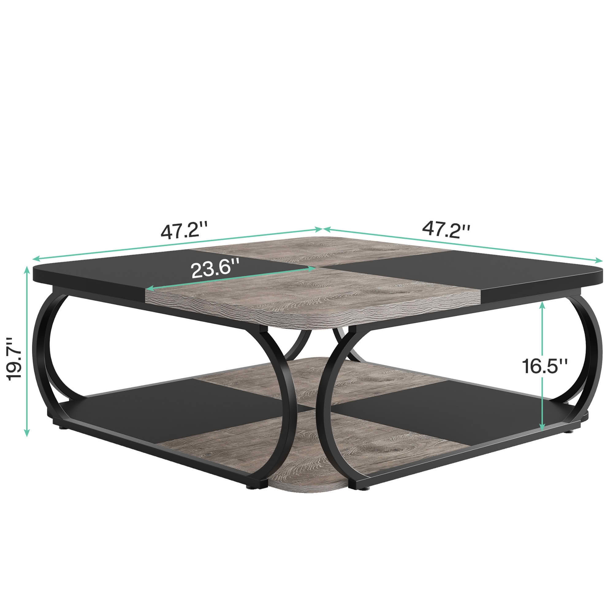 MAYEERTY 39" Square 2-Tier Coffee Table, Rustic Brown Wood Curved Black Metal Frame Farmhouse Modern Cocktail Table