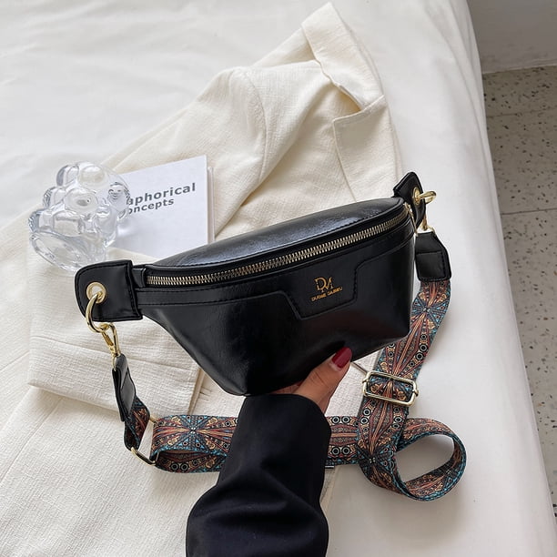 Bolsa De Pecho Para Mujer Bolso Riñonera de cuero retro para mujer bandolera de viaje con correa ancha (negro)