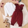 thumbnail image 2 of enyan Baby Girl Fall Clothes Newborn Long Sleeve Ribbed Plain Sweatshirt Overall Suspender Pants 2Pcs Winter Outfits Sweatsuit Wine，3-6 Months, 2 of 4