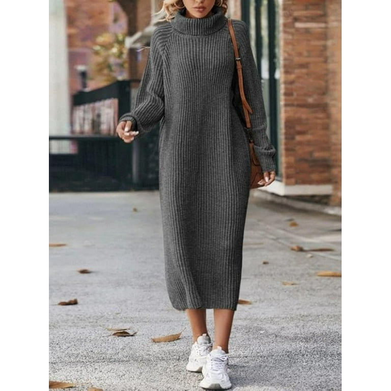 NOBRAND Women s Oversized Solid Midi Sweater Dress Fall Winter Spring Fashion Turtleneck Pull On Long Sleeve Knit Dress Size Medium Blue