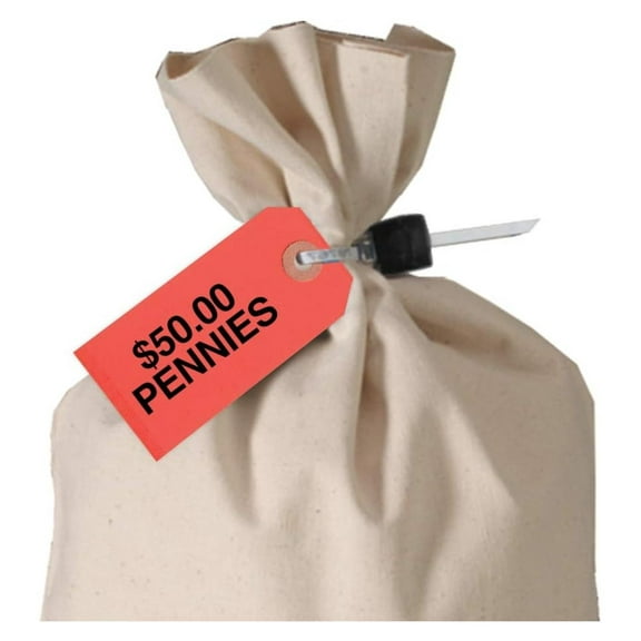Printed Coin Bag , Red, $50 Pennies, 1.88” x 3.75”, Box of 1000 – Hang for Labeling, Coin Label for Business Organization, Money Denomination , Coin Bag Label