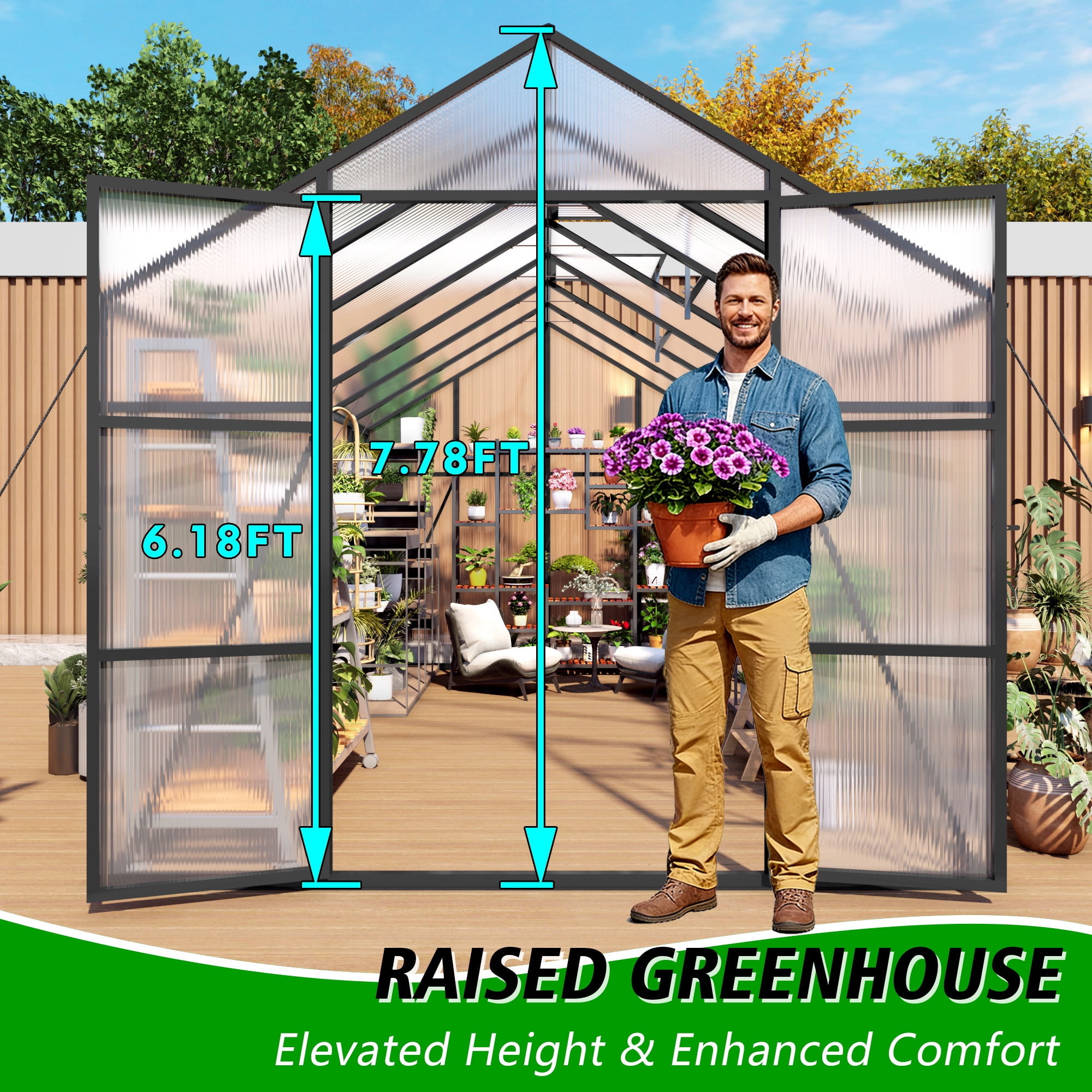 8x14FT Greenhouse Kit, Outdoor Heavy Duty Walk-in Greenhouse, Aluminum Frame with Vent, for Backyard or Garden, Black