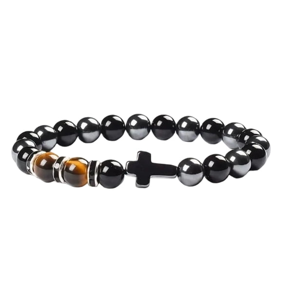Men's Black Onyx Beaded Bracelet, Natural Stone Cross Charm Bracelet, Elastic Yoga Energy Bracelet for Men, Religious Jewelry Gift