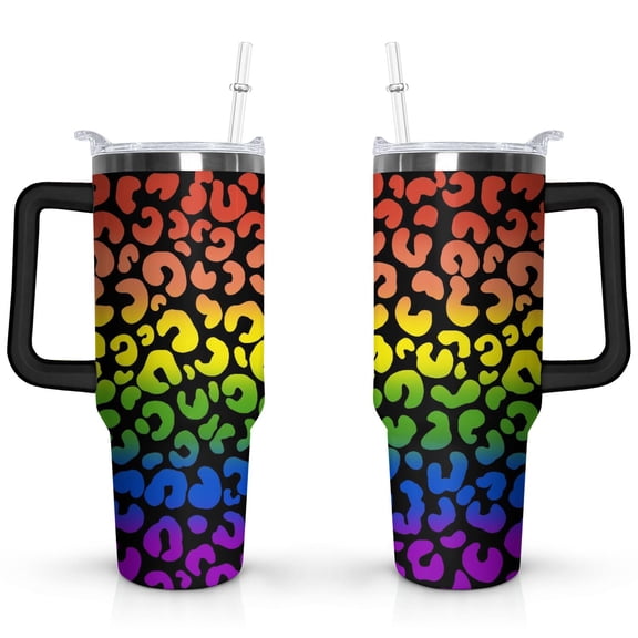 40oz Fashion Leopard Pattern Stainless Steel Flip Straw Tumbler Spill Proof Travel Cup Double Wall Vacuum Insulated Coffee Mug with Top Handle