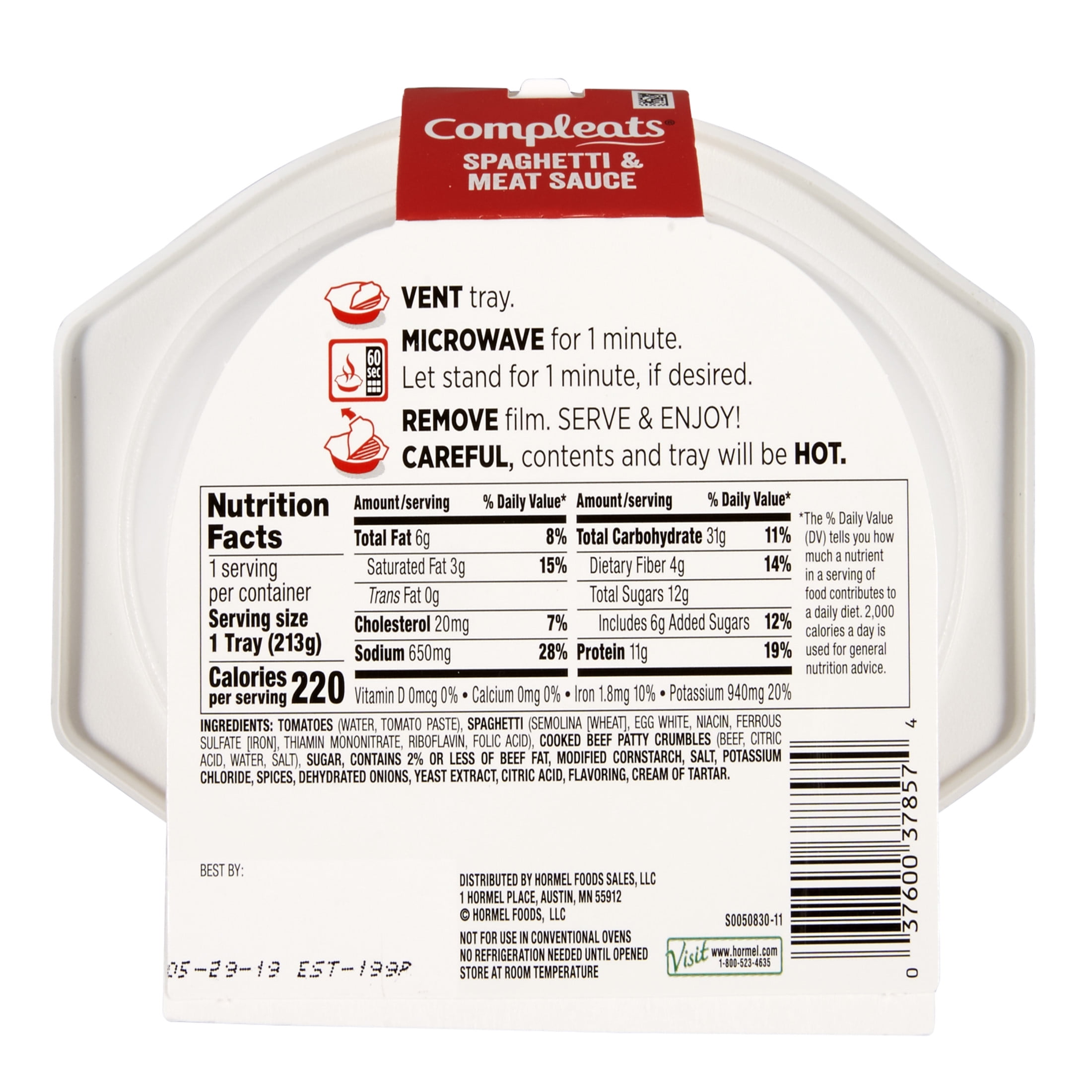 (7 pack) HORMEL COMPLEATS Spaghetti & Meat Sauce, Shelf-Stable, 11 grams Protein, 7.5 oz Plastic Microwaveable Tray