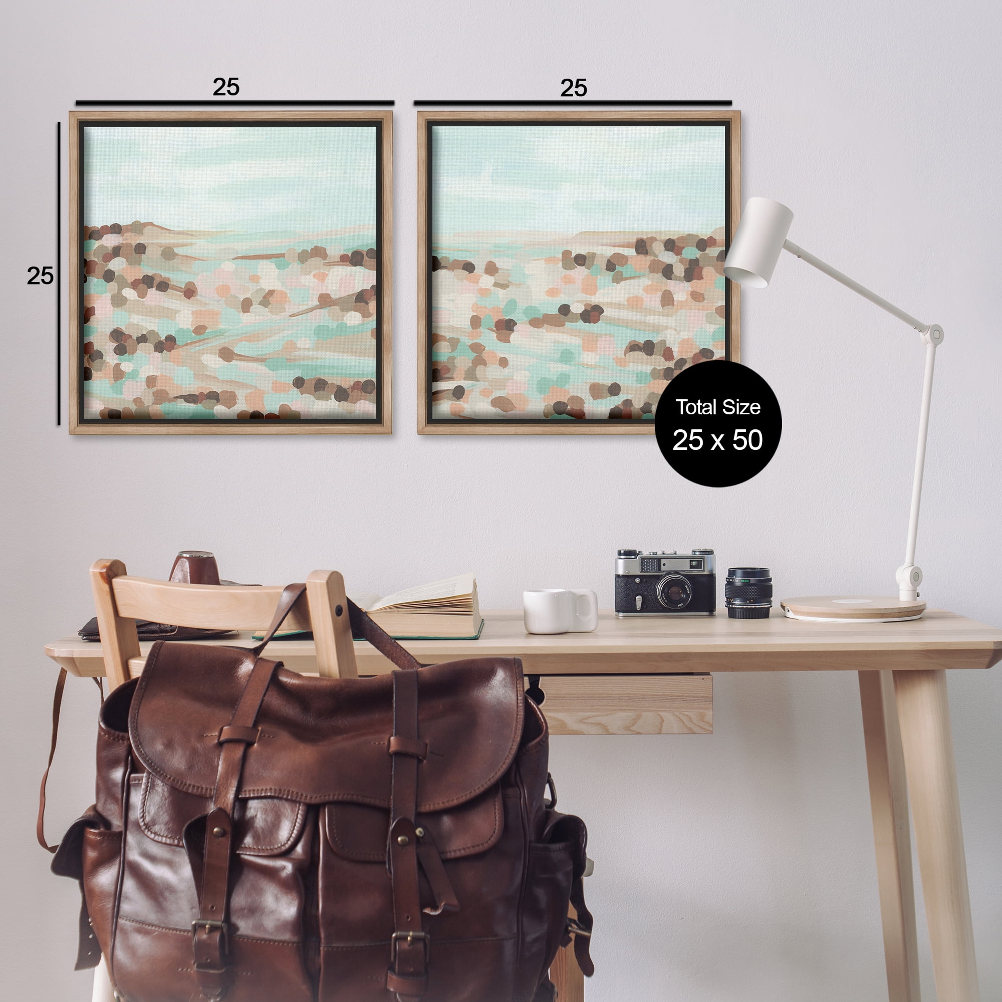 Stupell Industries Mint Pastel Abstract Vista Landscape & Nature Painting Brown Floater Framed Canvas Art Print Wall Art, 25 x 25, Set of 2