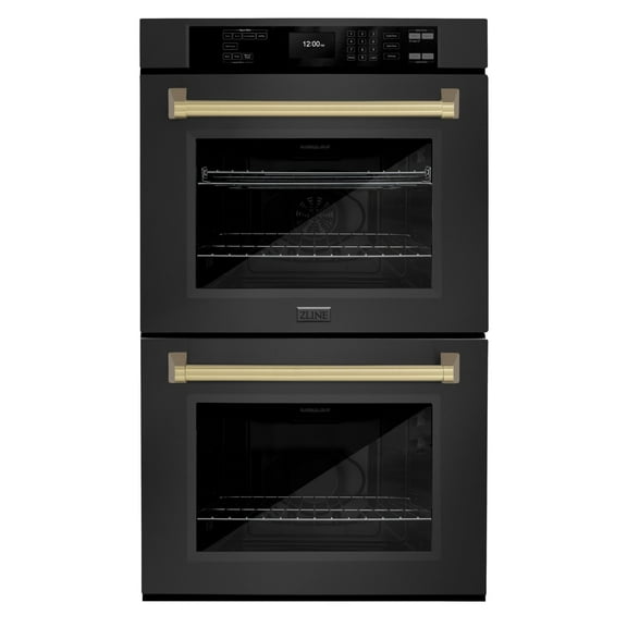 ZLINE 30 in. Autograph Edition Professional Convection Double Wall Oven with Air Fry and Self Clean in Black Stainless Steel with Champagne Bronze Handles (WADBZ-30-CB)