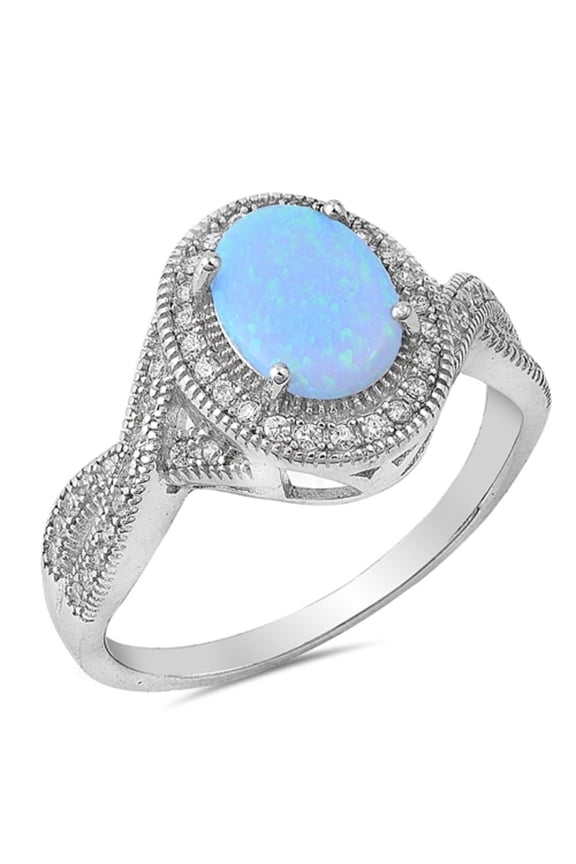 Light Blue Simulated Opal Oval Cubic Zirconia Center With All Around Small CZ Stones Swirl Ring