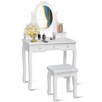 Gymax Bedroom Wooden Mirrored Makeup Vanity Set Stool Table Set White 5 Drawers