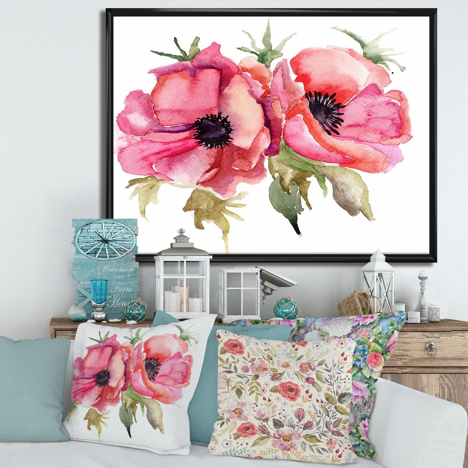 Designart Stylized Poppy Flowers FLOAT FRAME WALL ART