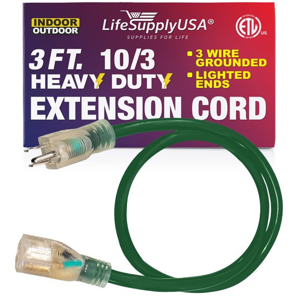 3 ft Power Extension Cord Outdoor & Indoor Heavy Duty 10 Gauge/3 Prong SJTW (Green) Lighted end Extra Durability 15 AMP 125 Volts 1875 Watts ETL Listed by LifeSupplyUSA