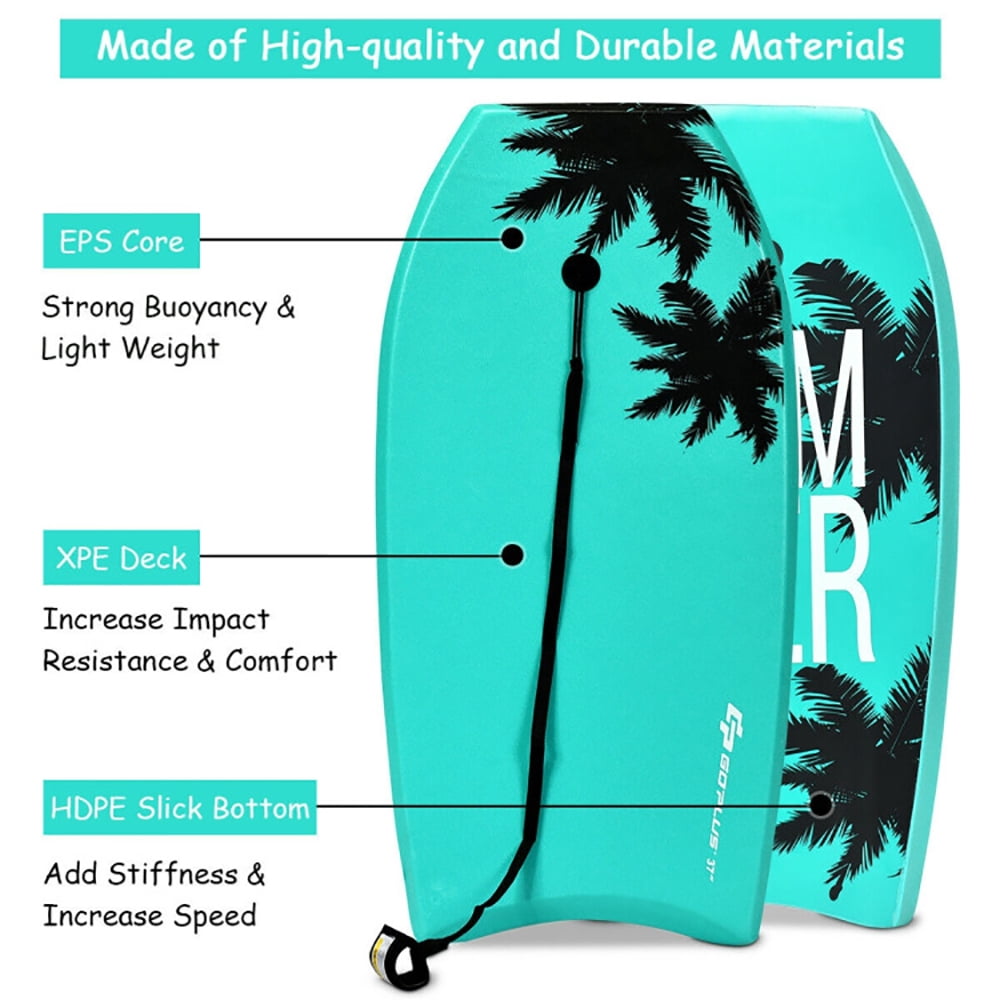 Demifill Boards for Beach, 33 Inch Lightweight Super Surfing Bodyboard, Crescent Tail, Dual Channel & Wrist Leash, Lightweight Bodyboard for Kids, Youth, Adults, Green