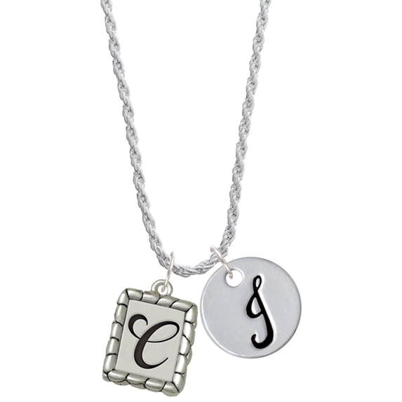 Delight Jewelry Silvertone Pebble Border Initial - C Silvertone Script Initial Disc - J - Charm Necklace, 20"+3"