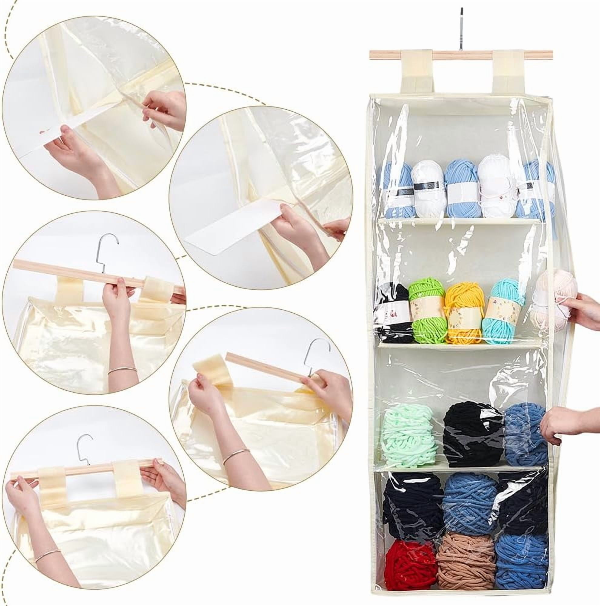 Hanging Yarn Storage with 4 Large Clear Pockets Beige Knitting Organizer Storage with Zipper Closure Yarn Display Holder Over The Door
