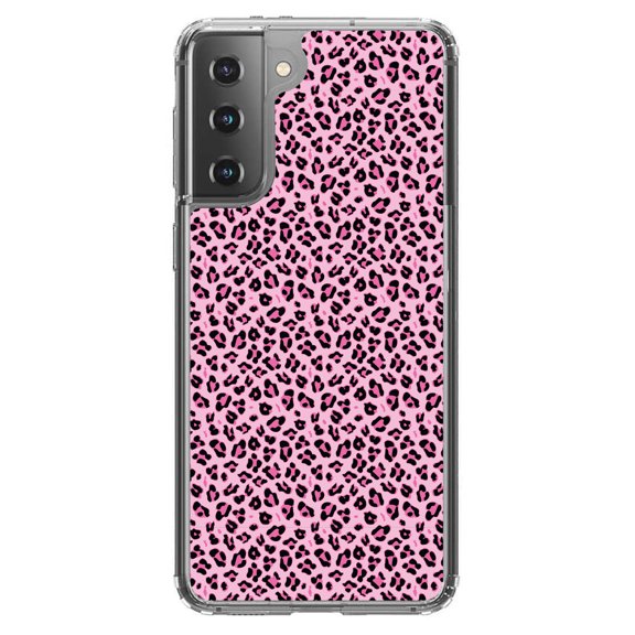 DistinctInk Clear Shockproof Hybrid Case for Galaxy S21  PLUS 5G (6.7" Screen) - TPU Bumper, Acrylic Back, Tempered Glass Screen Protector - Black Pink Leopard Skin Spots