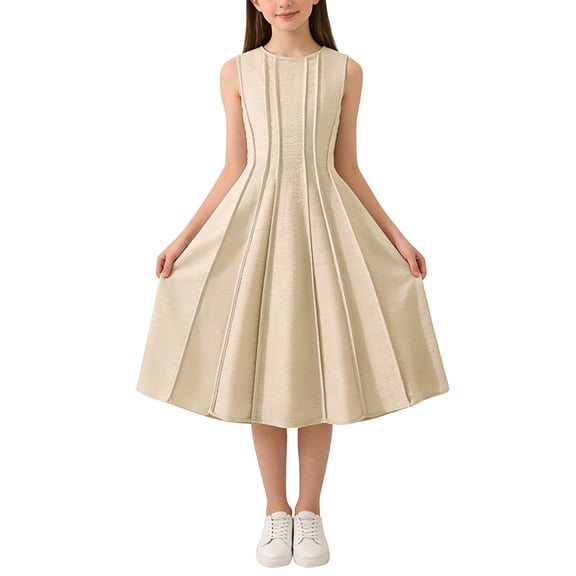 EnJoCho Girls Summer Dress A-Line Sleeveless Ruffles Pleated Elegant Dresses Teen Kids Solid Cotton Casual Pageant Prom Gown