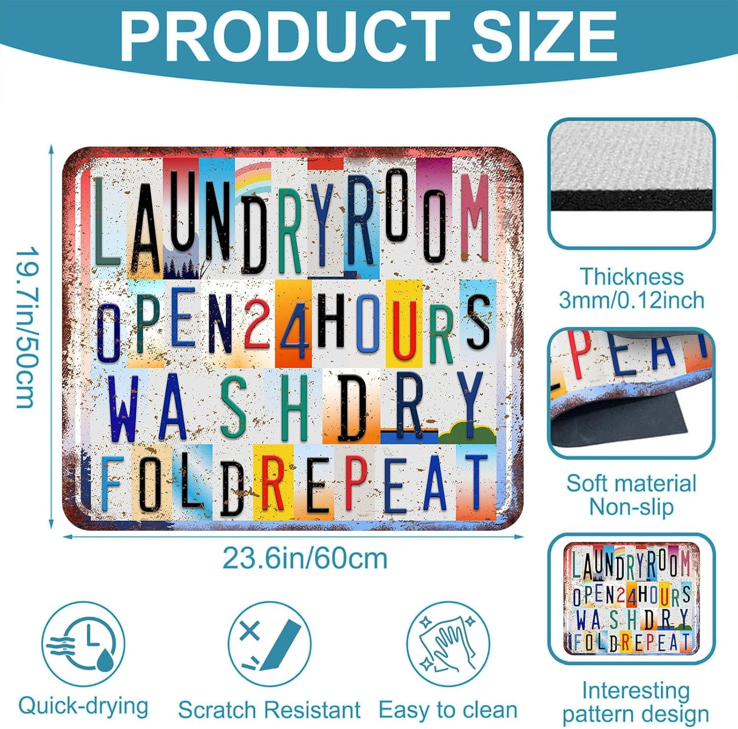 Non-Slip Washer & Dryer Top Cover Protector Mat Dust-Proof Washing Machine Cover Pad With Vintage Multicolor Laundry Sign Design Universal 23.6"x19.7" for Laundry Room & Kitchen Decor