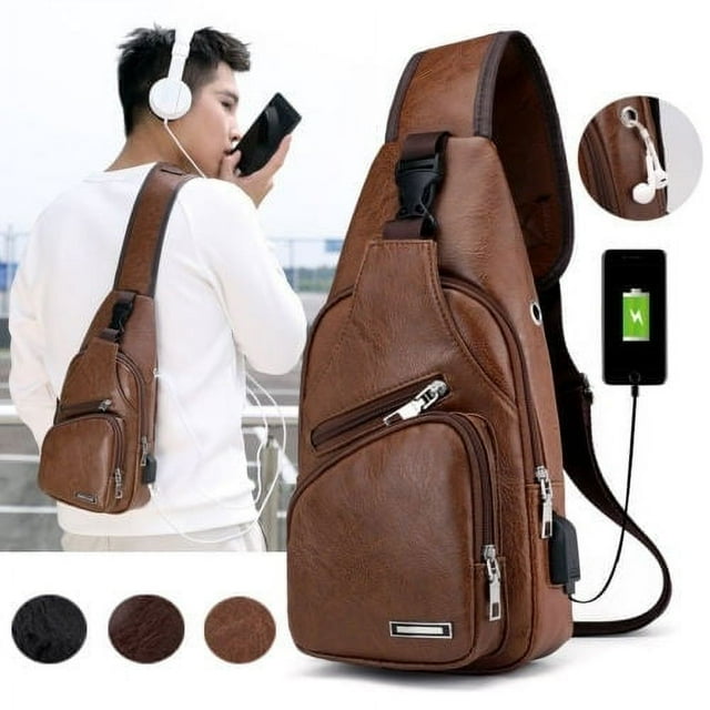 Men Leather Chest Sling Packs Shoulder Cross Body Bag Packs Satchel Packs Purse