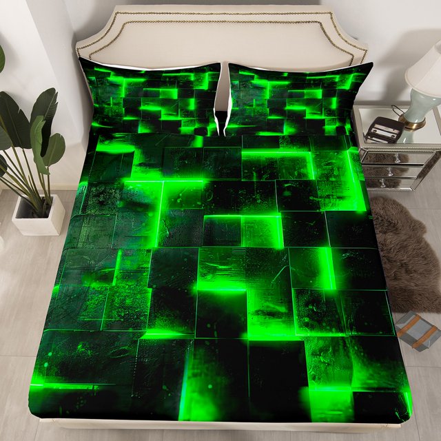 Black Green Abstract Full Sheets Gradient Square Bed Sheets, Geometry Grid Fitted Sheet Full Neon Checkered Bed Set Glowing Plaid Bedding 3D Modern Bedroom Decor 3pcs (Deep Pocket),No Top Sheet