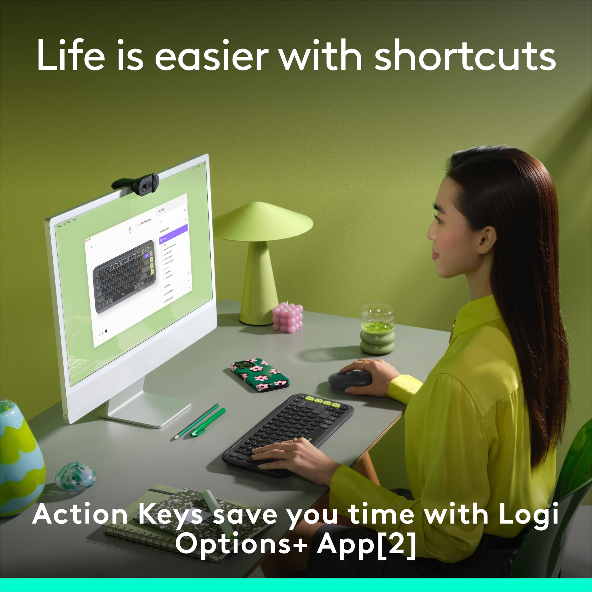 Logitech POP ICON KEYS Wireless Bluetooth Keyboard, Comfortable Typing, Programmable Keys, Easy-Switch Between up to 3 Devices (Graphite & Green) - Wireless Connectivity - Bluetooth - 32.81 ft
