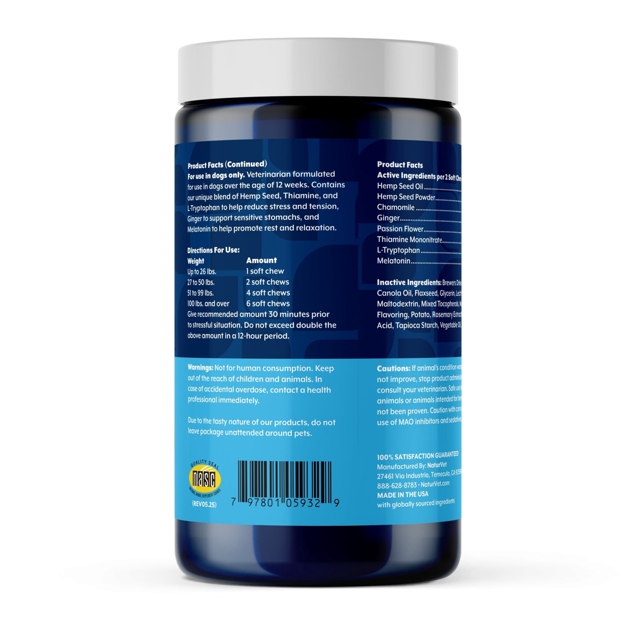 NaturVet Quiet Moments with Hemp Seed Calming Supplements for Dogs, Bacon and Chicken Flavor, 180 Count