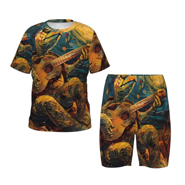 Fotbe Starry Night Guitar Turtle Pijama Estampada de 2 Piezas para Niños – Ropa de Dormir de Manga Corta Cómoda para Niños y Niñas, Camiseta y Shorts de Algodón-Small