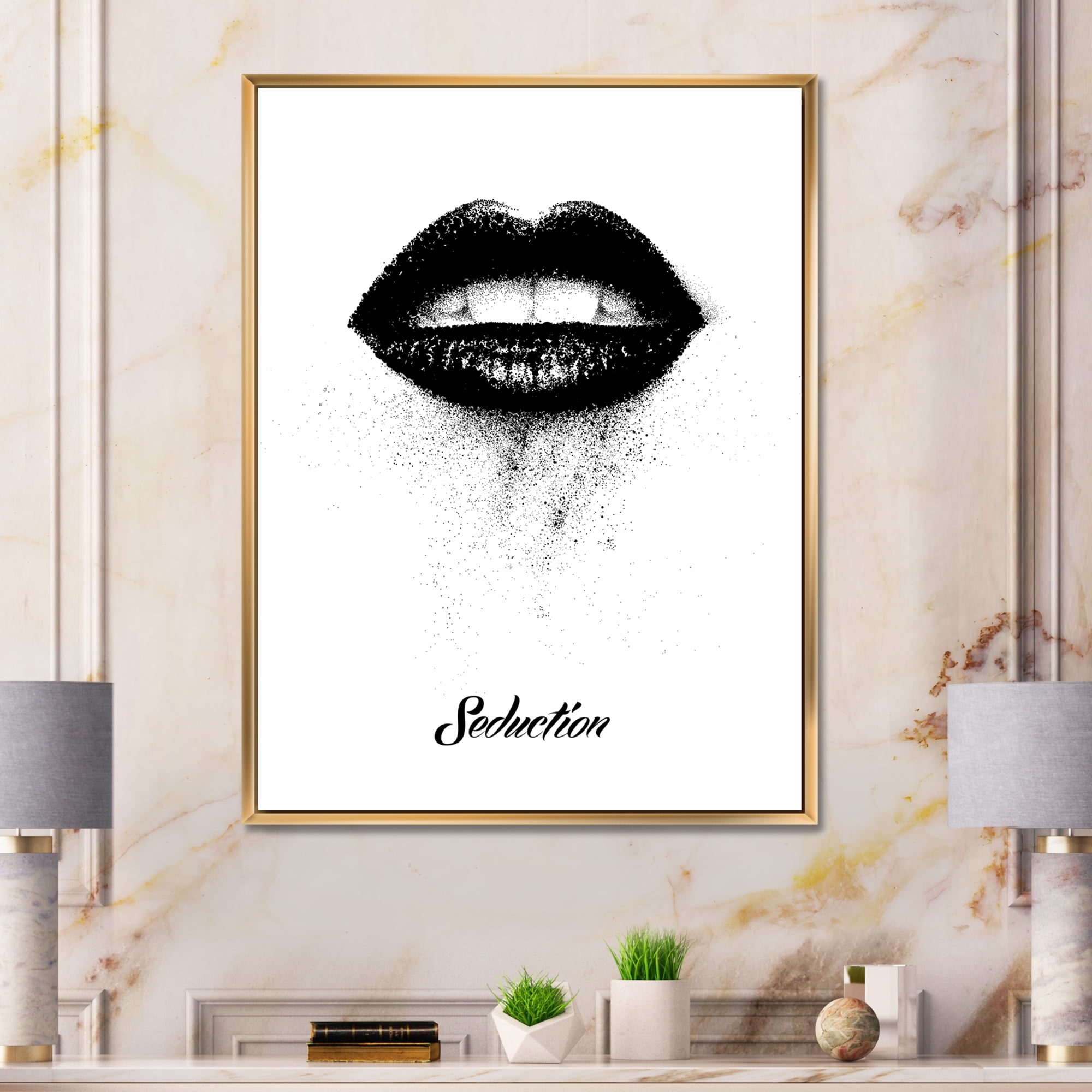 Monochrome Black Female Lips 30 in x 40 in Framed Painting Canvas Art Print, by Designart