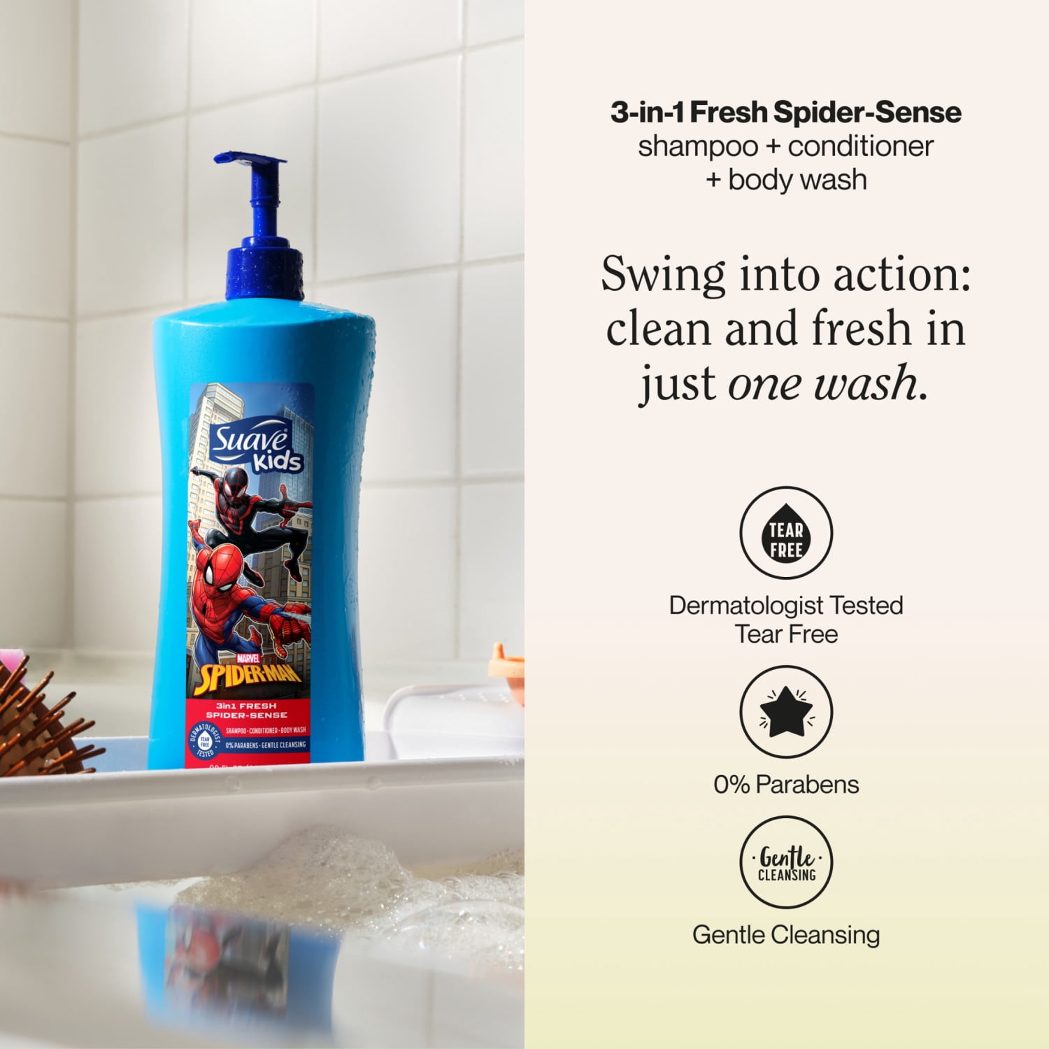 Suave Kids Spiderman 3-in-1 Shampoo, Conditioner, Body Wash, Fresh Spider Sense, Tear-Free