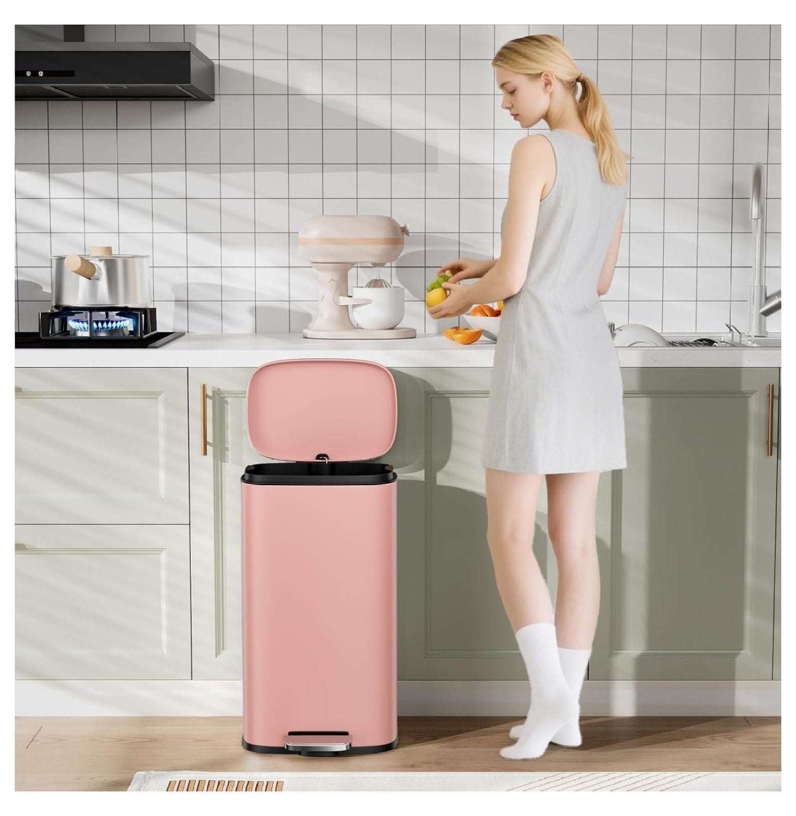 8/13.2 Gallon Step Trash Can, Stainless Steel Garbage Bin, Soft-Close Rubbish Bin with Removable Plastic Inner Bucket, Fingerprint-Proof, Lid Dustbin, Suit for Kitchen Home (Pink, 50L)