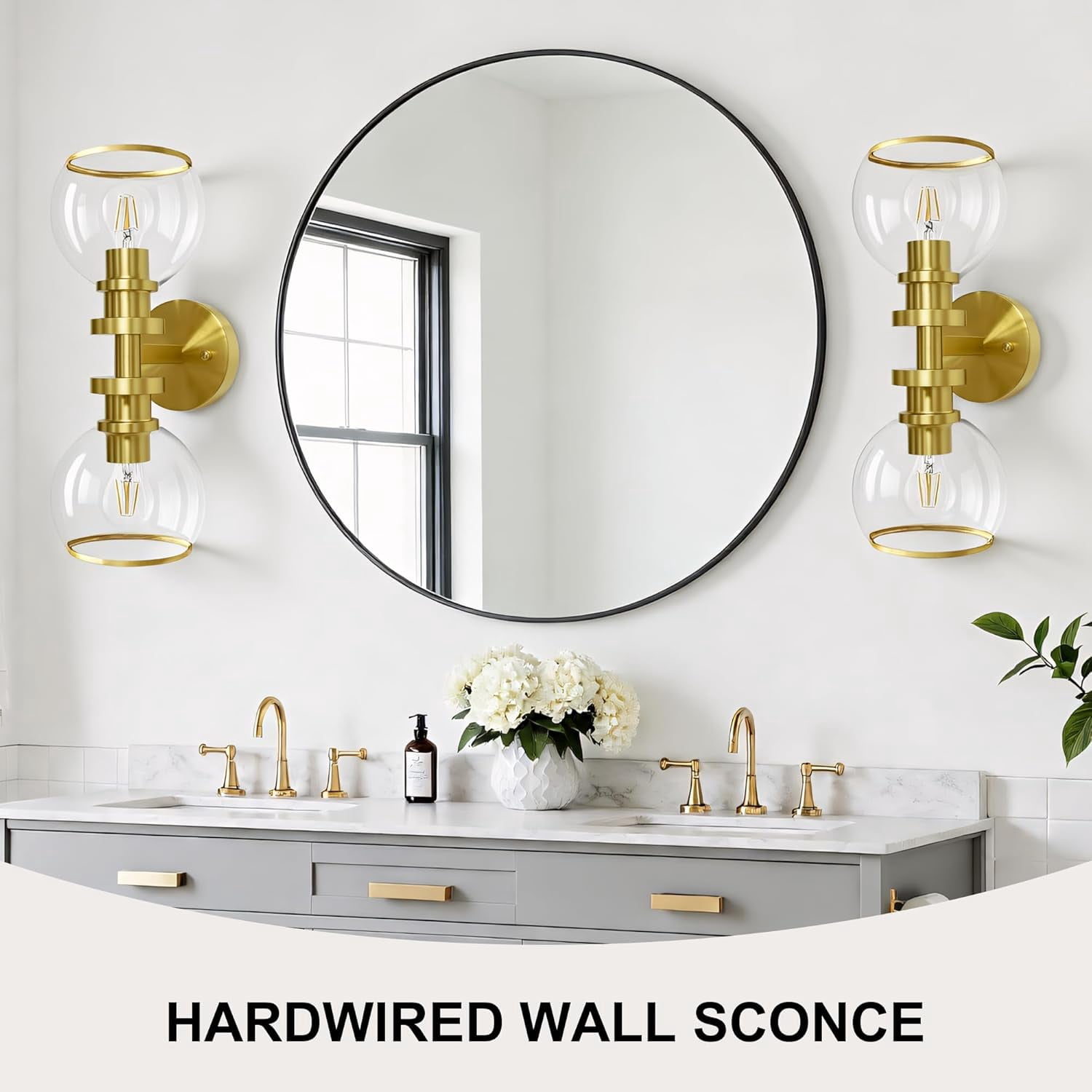 RGHJAR-Bathroom Sconces Set of Two, Brushed Gold Wall Sconces with Clear Glass, Hardwired Modern Sconces Wall Decor Set of 2, Wall Light Fixtures for Bathroom Living Room Mirror Hallway Bedroom