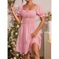 thumbnail image 5 of Pink Square Neck Ruched Waist A-Line Dress With Puffed Sleeves And Tiered Hem, 5 of 6