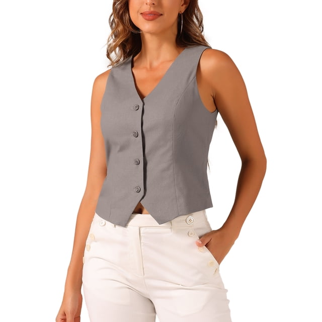 Chaleco sin mangas de botón y cuello en V para mujer INSPIRE CHIC, color gris oscuro, talla L