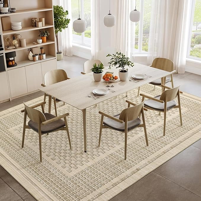 Washable Living Room Rug 5x7 Checkered Waffle Print Area Rug Non Slip Carpet Soft Non Shedding Low Pile Thin Stain Resistant Throw Rugs for Dining Room Office