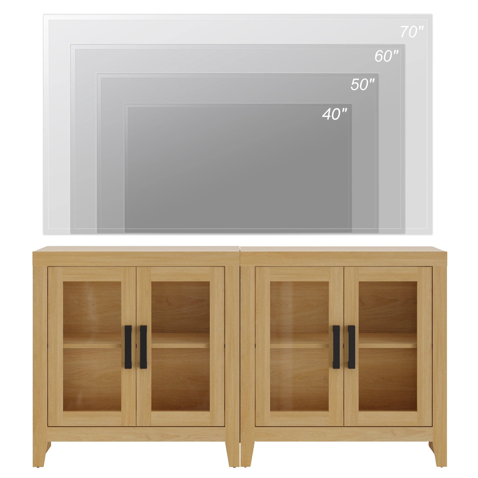 WAMPAT Modern Farmhouse TV Stand up to 70"TV, Entertainment Center with Tempered Glass Doors & Adjustable Shelves, Oak